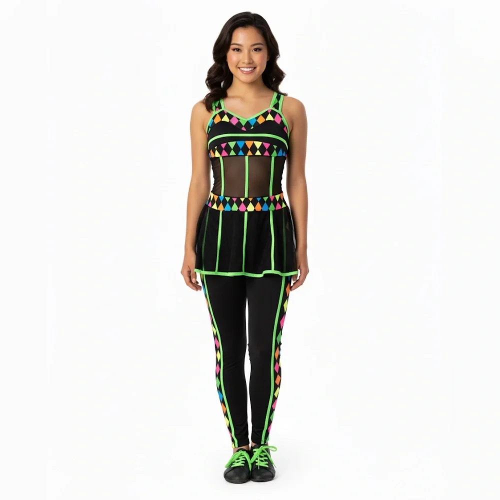 Neon Harlequin‎ Mesh Dance Costume 80s 90s Adult Medium Vibrant Diamond size AME